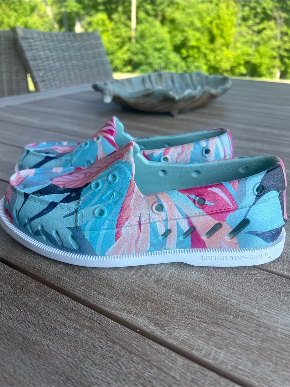 Sperry Tropical Print Slip-On Moccasins in Aqua & Pink